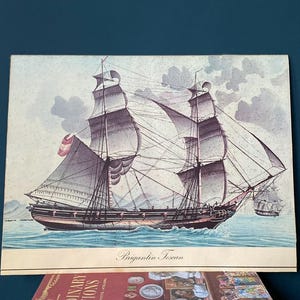 Stary druk przedstawiający historyczny żaglowiec Brigantin Toscan