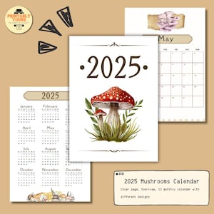 2025 Printable Calendar DIGITAL download: Mushroom | Fungi | Vintage style design. Suitable for planners, wall display, table decor