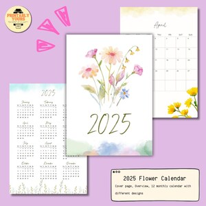 2025 Printable Calendar DIGITAL download: Watercoloured Floral design. Suitable for planners, wall display, table decor