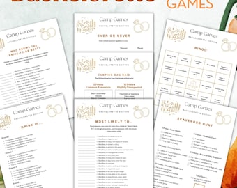 Lot de jeux d'enterrement de vie de jeune fille en camping, activités de fête en plein air, jeux de bingo pour EVJF, jeux modifiables pour le camping, jeu à boire