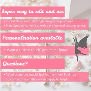 May include: Pink and white graphic with the text "Super easy to edit and use" and "Personalization available". The graphic also includes the text "Instant Download: Get it right away after purchase!" and "Print Options: At home or with a professional printing service."