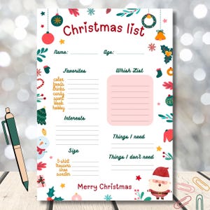 Lista de deseos de Navidad para niños Carta a Papá Noel Lista de regalos Lista de deseos para fiestas Lista de deseos imprimible para niños Ideas de regalos de Navidad