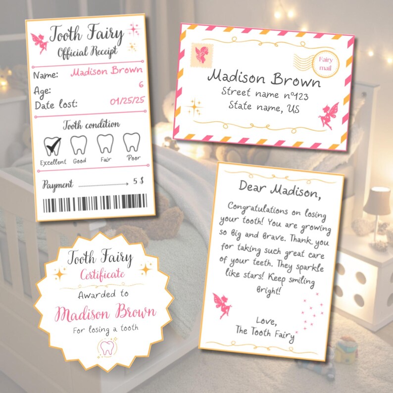 Kids Tooth Fairy Kit Printable Letter Template Lost Tooth Certificate Receipt Envelope Set Tooth Record Keepsake For Parents Add Magical Touch Instant Download Easy Print Diy Craft Fun Activity Perfect Gift Childrens