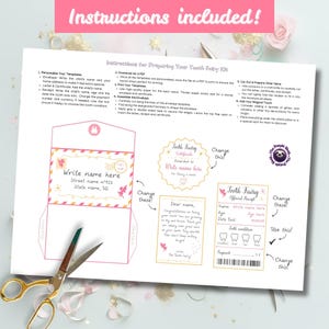 May include: Printable tooth fairy kit with instructions for creating a personalized envelope, certificate, and receipt. The kit includes a pink and yellow envelope with a fairy illustration, a certificate with a tooth fairy design, and a receipt with a tooth fairy logo.