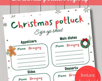Könnte beinhalten: Druckbare Weihnachts-Potluck-Anmeldeliste mit Abschnitten für Vorspeisen, Hauptgerichte, Beilagen und Desserts. Jeder Abschnitt hat Platz für Namen und was sie mitbringen.