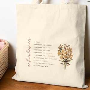 Philippians 4:8 Christian Scripture 100% Cotton Canvas Tote Bag