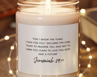 Candela di soia con versetto biblico Geremia 29:11, regalo religioso