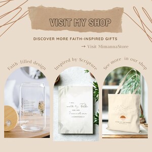 May include: An image showcasing faith-inspired gifts. It features a glass can with floral accents and scripture, a journal with a quote, and a tote bag with a sunrise design. The text "VISIT MY SHOP" is displayed.