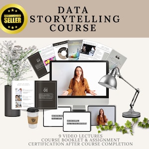 May include: A computer screen showing a woman teaching a data storytelling course. The screen is surrounded by course materials, including a course booklet, a coffee cup, and a lamp. The text on the screen reads "Data Storytelling Course".