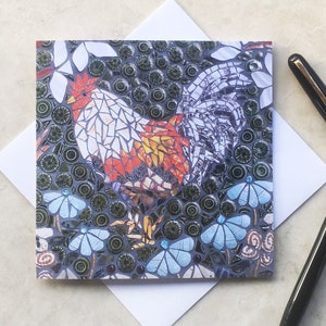 Carte d'art en mosaïque de poulet ~ intérieur vierge ~ carré ~ carte à usage général ~ carte de gardien de volaille ~ ~ carte de coq ~ carte de fleurs et de coq