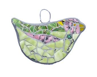 Green and pink mosaic bird ~ for home or garden ~ from upcycled bone china ~ Handmade housewarming gift ~ Bird Watcher Gift ~ Nature Gift