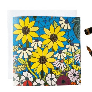 Carte de voeux vierge ABEILLES dans LE JARDIN ~ avec des tournesols ~ carte d'art en mosaïque ~ anniversaire floral, rétablissement bientôt, merci, cadeau, carte de correspondance