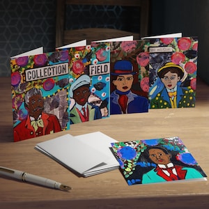 Lot de 5 cartes de voeux, art folklorique hommes de couleur, cartes de correspondance vierges afro-américaines, oeuvre d'art à l'encre Meeka, assortiment de plusieurs motifs, fête