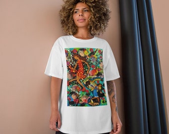 May include: White t-shirt with a colorful graphic print of a woman in a red polka dot dress dancing in a garden with other figures.