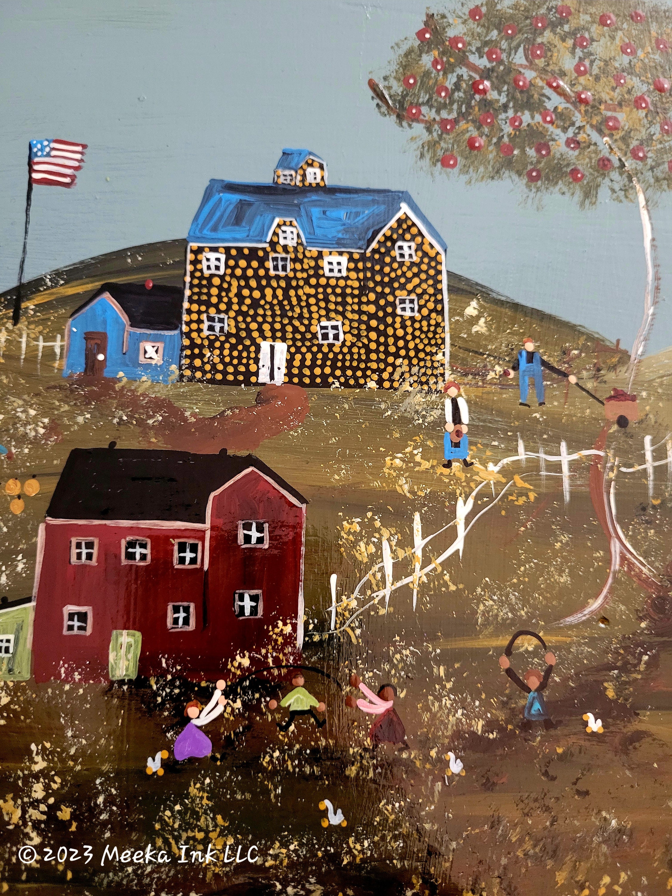 American Folk Art Rural Country Landscape - Handpainted on a Wooden ...