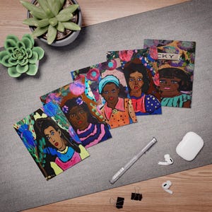 Note Cards, Folk Art Blank Cards Set by Meeka Ink, African American Women of Color, Greeting Card Pack, Artistic Stationery, Vivid Artwork