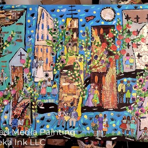 May include: A mixed media painting depicting a city scene with buildings, trees, and people. The painting is done in a colorful style with a blue background. The text "Mixed Media Painting Meeka Ink LLC" is at the bottom of the painting.