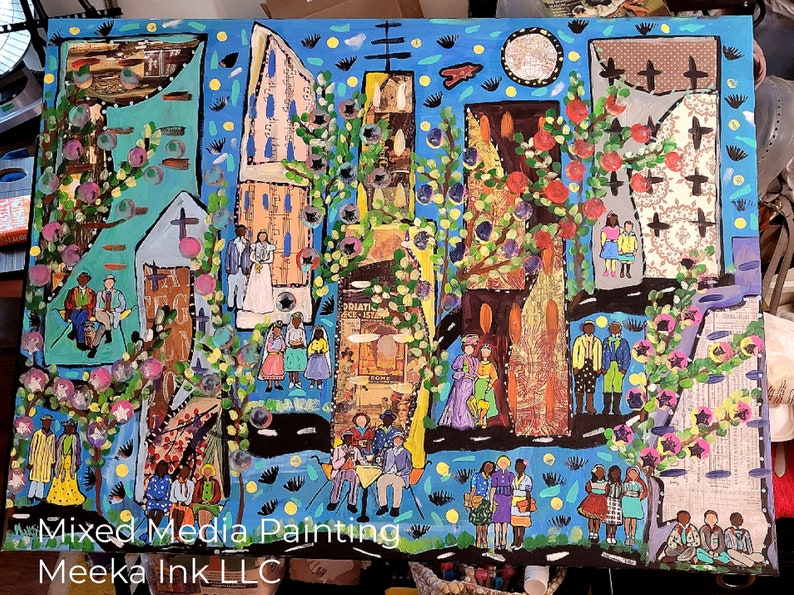 May include: A mixed media painting depicting a city scene with buildings, trees, and people. The painting is done in a colorful style with a blue background. The text "Mixed Media Painting Meeka Ink LLC" is at the bottom of the painting.