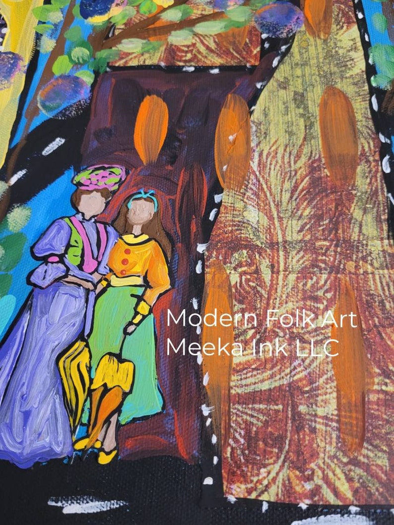 May include: A painting of two women in colorful clothing standing in front of a textured background. The painting is titled "Modern Folk Art Meeka Ink LLC".