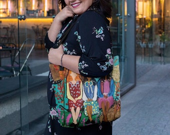 Park Bench Gossip Girl Group, Moderne Volkskunst, All-Over Print Grote Tote Bag