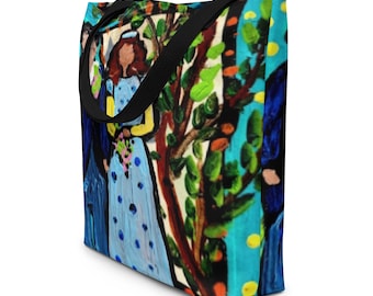 Bruid en bruidegom gekleed in blauw, moderne volkskunst, grote draagtas