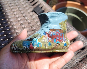 Handpainted Decorative Folk Art, Metal Boot with Country Folk Art Scene
