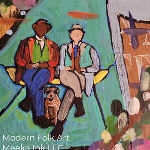 May include: A painting of two people sitting on a bench with a dog. The people are wearing hats and the dog is brown. The painting is done in a folk art style and has a bright, colorful palette.