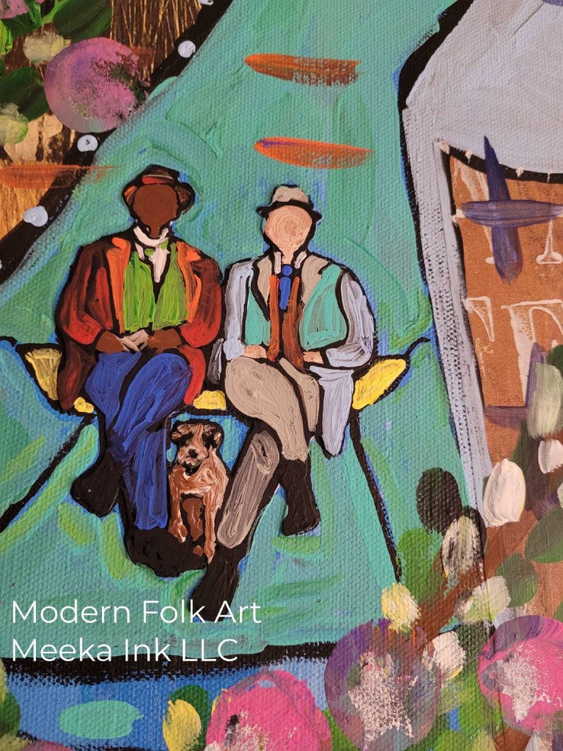 May include: A painting of two people sitting on a bench with a dog. The people are wearing hats and the dog is brown. The painting is done in a folk art style and has a bright, colorful palette.