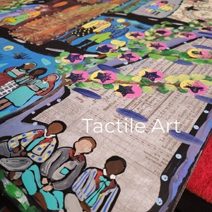 May include: A painting of a group of people sitting on a bench. The painting is done in a colorful style with a lot of detail. The background of the painting is a newspaper with the words "Tactile Art" printed on it.
