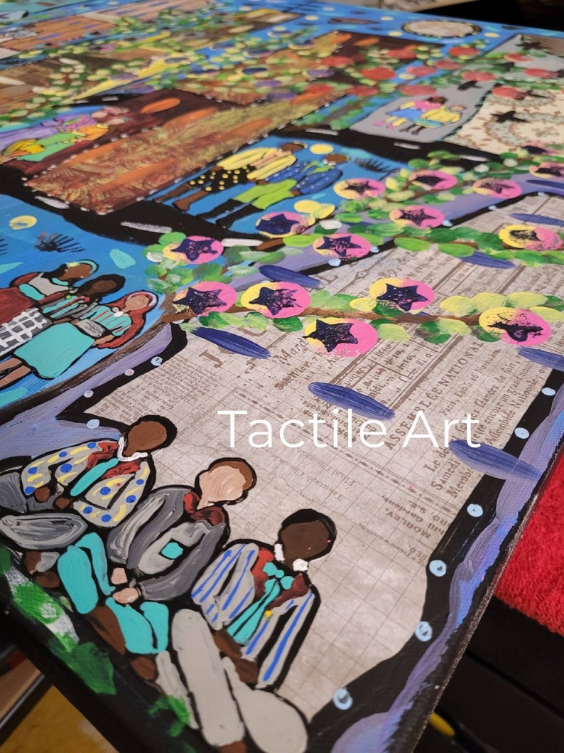May include: A painting of a group of people sitting on a bench. The painting is done in a colorful style with a lot of detail. The background of the painting is a newspaper with the words "Tactile Art" printed on it.