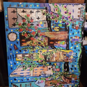 May include: A colorful abstract painting on canvas with a blue background. The painting features a variety of shapes, colors, and textures, including flowers, trees, and people. The painting is 40 inches by 30 inches.