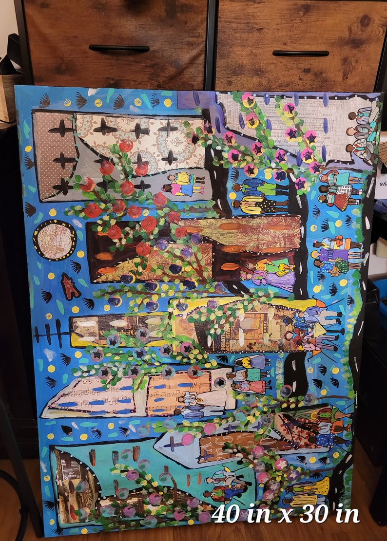 May include: A colorful abstract painting on canvas with a blue background. The painting features a variety of shapes, colors, and textures, including flowers, trees, and people. The painting is 40 inches by 30 inches.