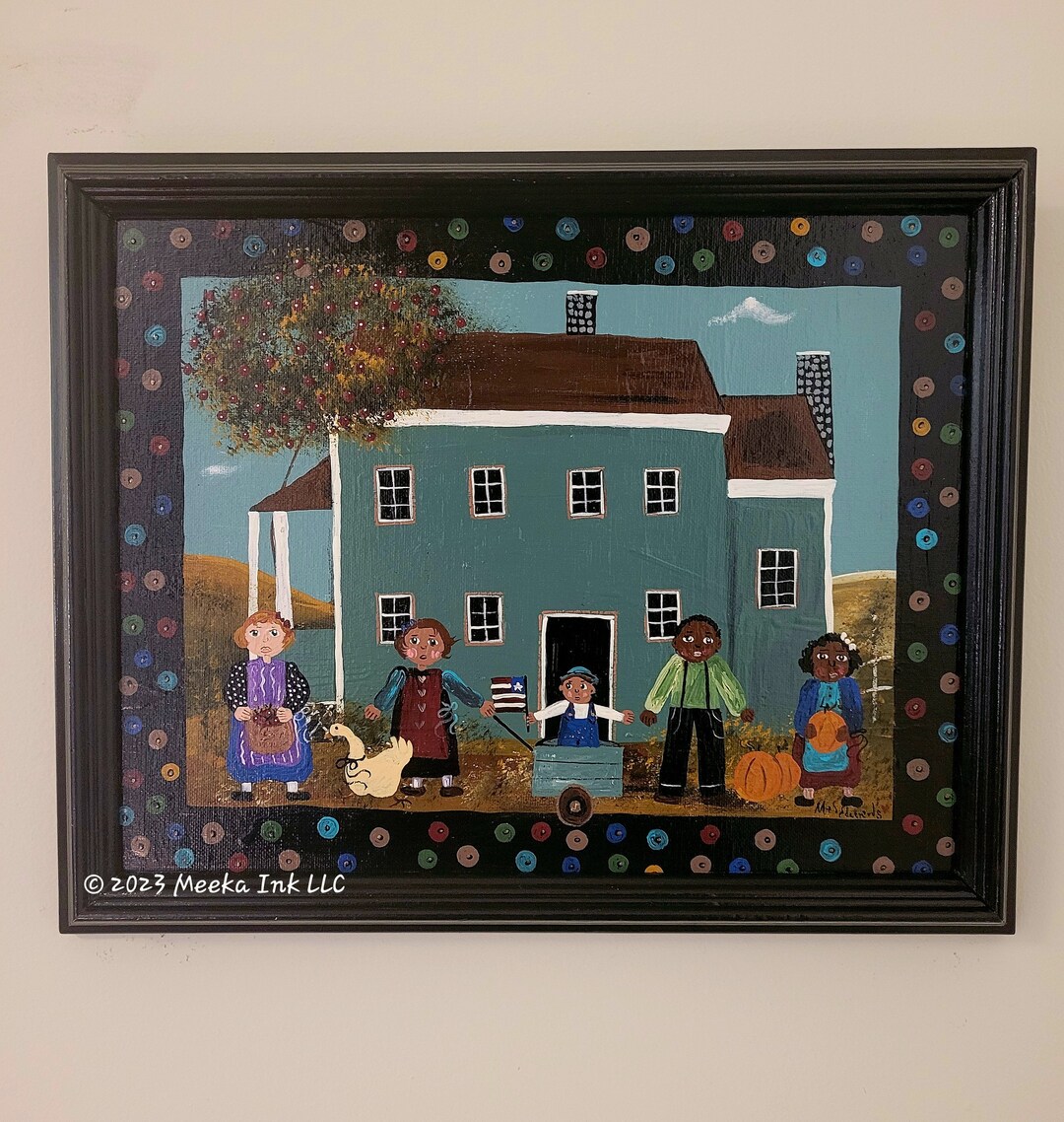 Handpainted American Folk Art Scene Painting - Fall in Front of the Big ...