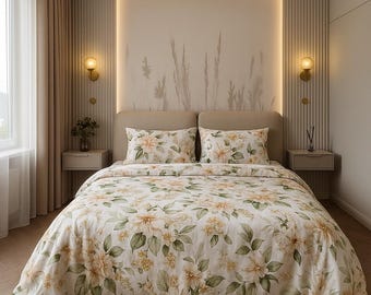 Botanical Print Bedding Set, Soft Cotton Sheet Set for Full, Queen, or Twin Beds, Floral Minimalist Bedding, Botanical Duvet and Sheets