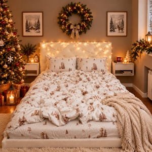 Puede incluir: Una cama con funda nórdica y fundas de almohada blancas con estampado de bosque marrón, una manta de punto color crema, un cabecero capitoné con luces, un árbol de Navidad, una corona y dos cuadros de paisajes invernales.