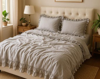 Organic natural 100% linen duvet comforter cover with buttons in various colors and custom sizes, handmade soft stone washed bed linens