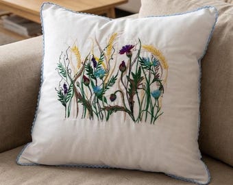 刺繍入りの素朴なリネン枕、手作りの野花クッション、リネン枕カバー