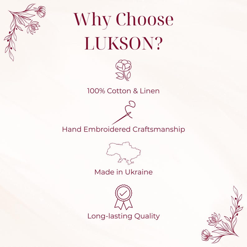 May include: A cream-colored graphic with the text "Why Choose LUKSON?" in a burgundy font. The image highlights features like 100% cotton & linen, hand-embroidered craftsmanship, and products made in Ukraine.