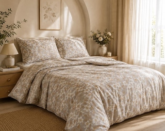 3D Floral Cotton Bedding Set, Flower Print Comforter with Duvet Cover, Soft Cotton Bed Sheets, Romantic Botanical Bed Set, Bedroom Decor