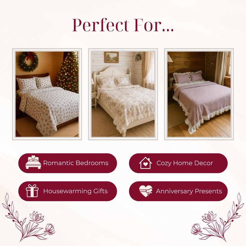 May include: The image showcases three different bedding sets. The top left set has a white and gray floral pattern. The middle set has a cream floral pattern. The top right set has a light purple blanket with white lace trim. Text reads "Perfect For..." and lists "Romantic Bedrooms", "Cozy Home Decor", "Housewarming Gifts", and "Anniversary Presents".