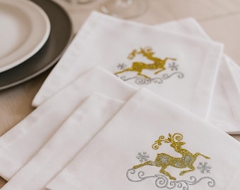 Teflon Christmas Napkins, Waterproof Embroidered Table Linen, Gold Silver Holiday Decor, Elegant Festive Napkins Gift Set