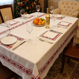 Embroidered Tablecloth Set, Cotton Table Linen with Napkins, Elegant Dining Decor, Wedding Tablecloth, Holiday Table Decoration