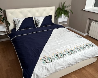 Natural Satin Bedding Set Queen Size, Botanical Duvet Cover, Soft Sheet Set, Embroidered Blanket, Cozy Botanical Bedding, Mothers Day Gift