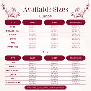 May include: A chart detailing available sizes for bedding, including duvet, sheet, and pillowcase dimensions in both European and US standards. Measurements are provided in inches and centimeters for various bed sizes.