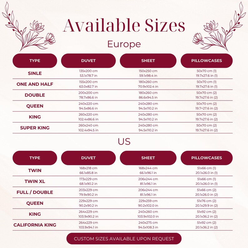 May include: A chart detailing available sizes for bedding, including duvet, sheet, and pillowcase dimensions in both European and US standards. Measurements are provided in inches and centimeters for various bed sizes.