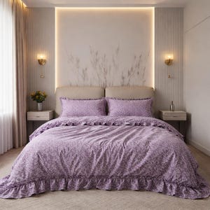 Purple Botanical Print Cotton Bedding Set, Boho Coquette King Or Queen Duvet Cover, Natural Soft Comforter Set, Mothers Day Gift