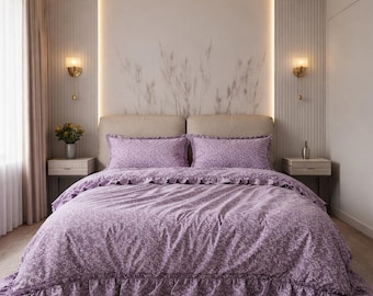 Purple Botanical Print Cotton Bedding Set, Boho Coquette King Or Queen Duvet Cover, Natural Soft Comforter Set, Mothers Day Gift