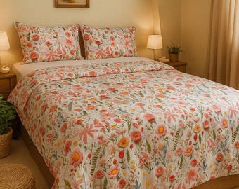 Floral Cotton Bedding Set, Large and Full Comforter with Duvet Cover,  Flower Print Bed Sheets, Soft Cotton Bed Set, Romantic Floral Bedding