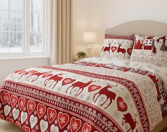 Cotton Bedding Set, Winter Holiday Checkered Duvet Cover King Or Full, Coquette Vintage Luxury Bed Linens, Cozy Romantic Gift