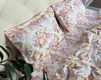 Botanical Flannel Bedding Set, Soft Cotton Sheets And Duvet Cover, Botanical Duvet Bedding, Cozy Boho Home Gift For Mothers Day